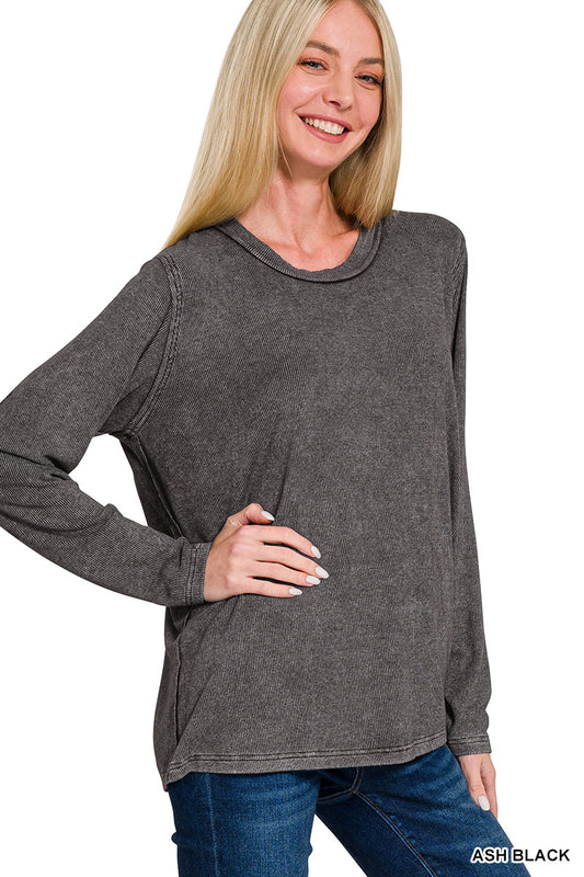 Washed Ribbed Long Sleeve Top