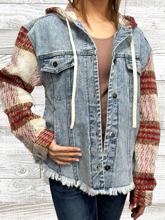 Plaid Sleeve Denim Jacket