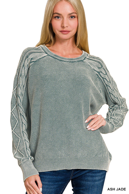 OL Stone Washed Cable-Sleeve Crewneck Sweater