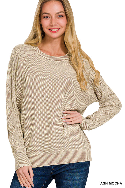 OL Stone Washed Cable-Sleeve Crewneck Sweater