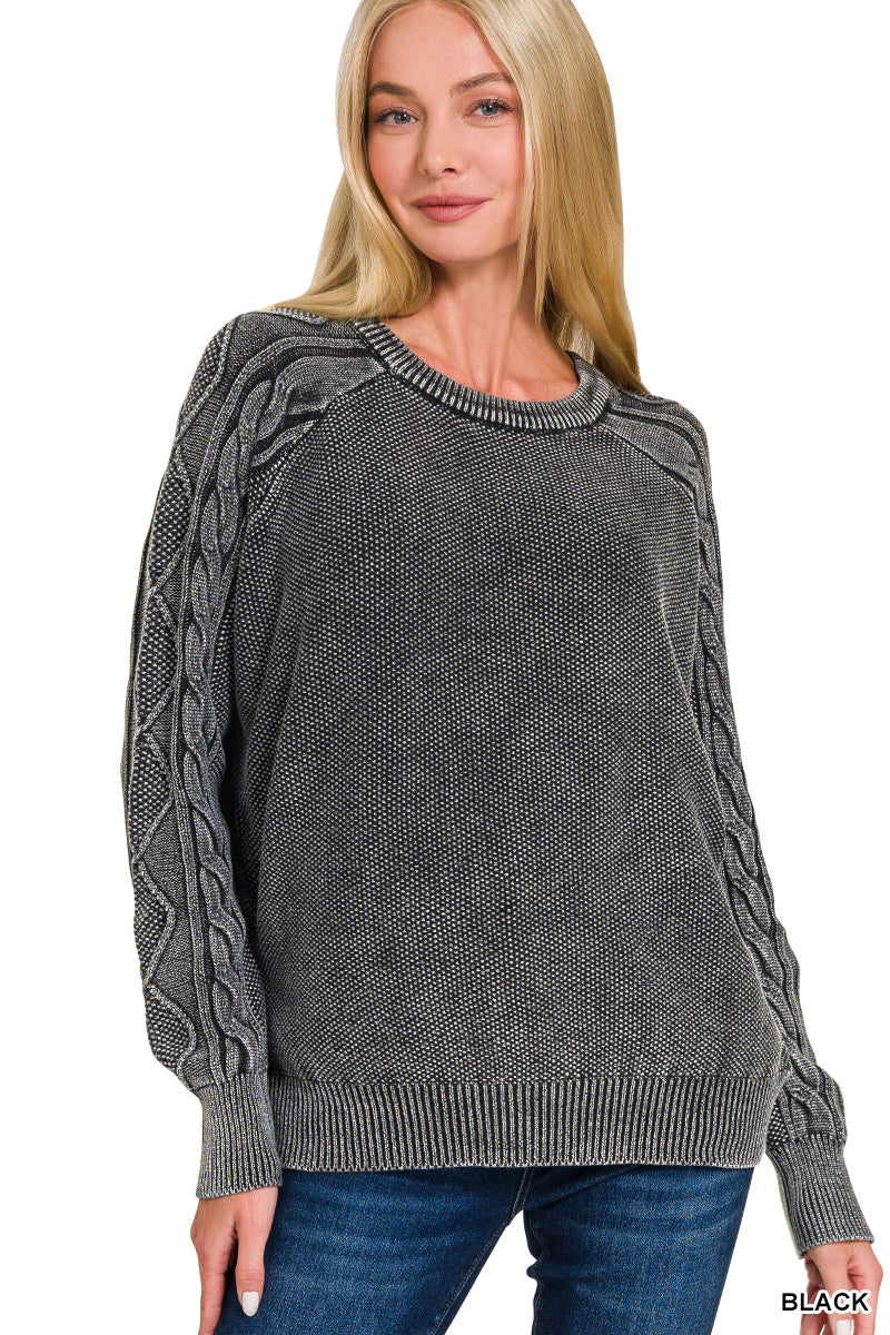 OL Stone Washed Cable-Sleeve Crewneck Sweater