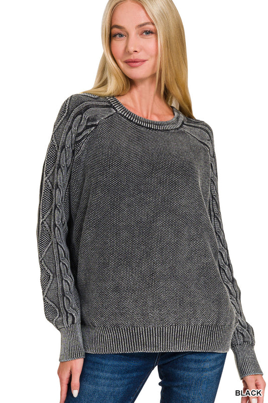 OL Stone Washed Cable-Sleeve Crewneck Sweater