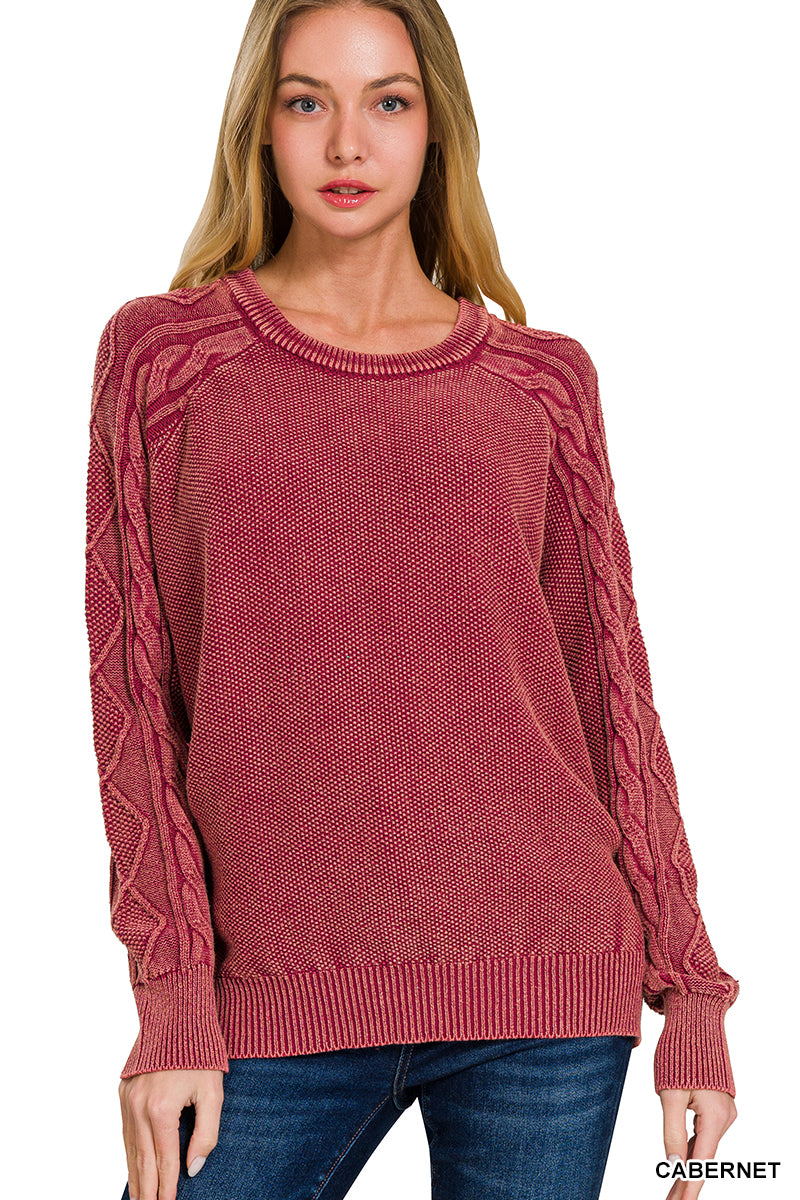 OL Stone Washed Cable-Sleeve Crewneck Sweater