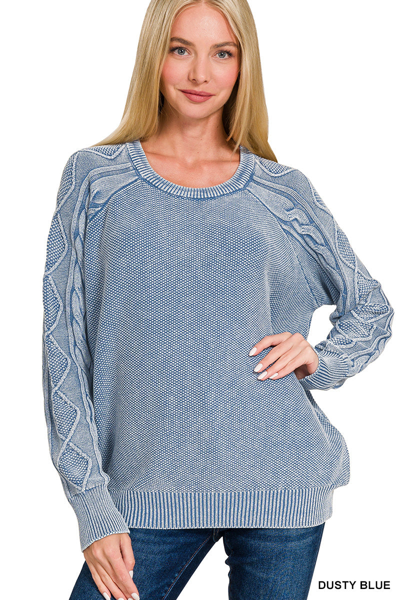 OL Stone Washed Cable-Sleeve Crewneck Sweater