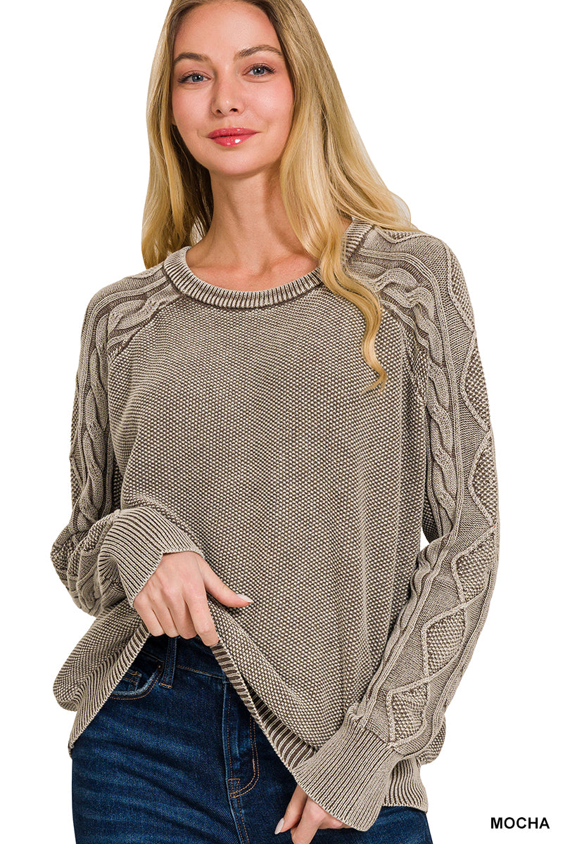 OL Stone Washed Cable-Sleeve Crewneck Sweater