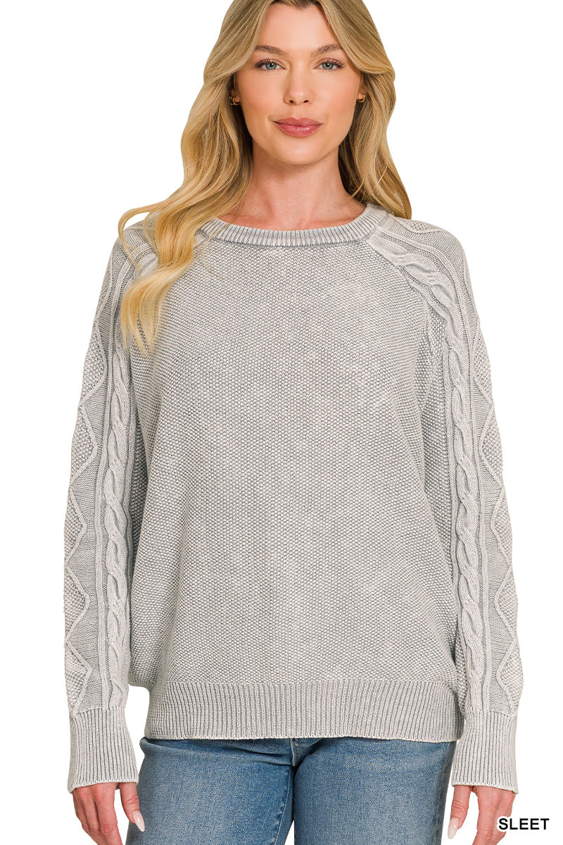 OL Stone Washed Cable-Sleeve Crewneck Sweater