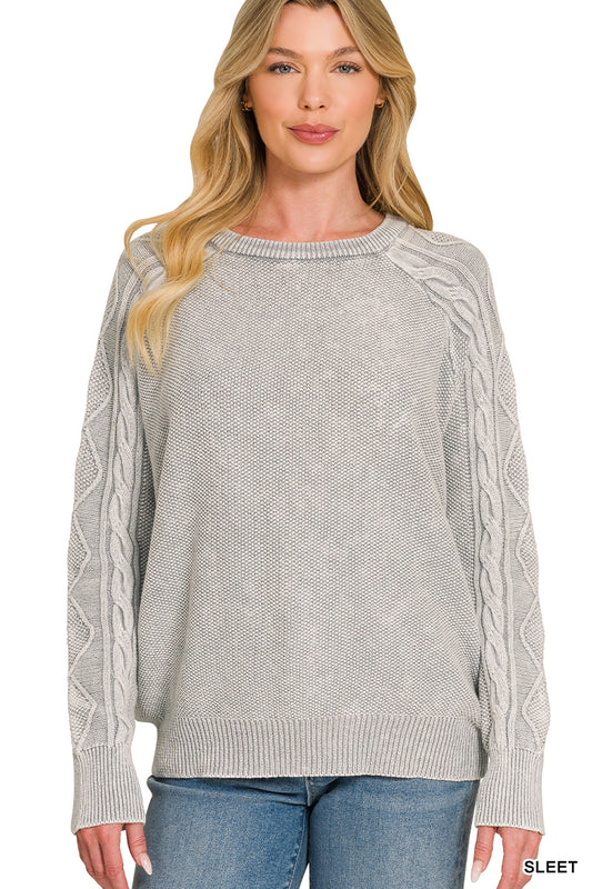 OL Stone Washed Cable-Sleeve Crewneck Sweater