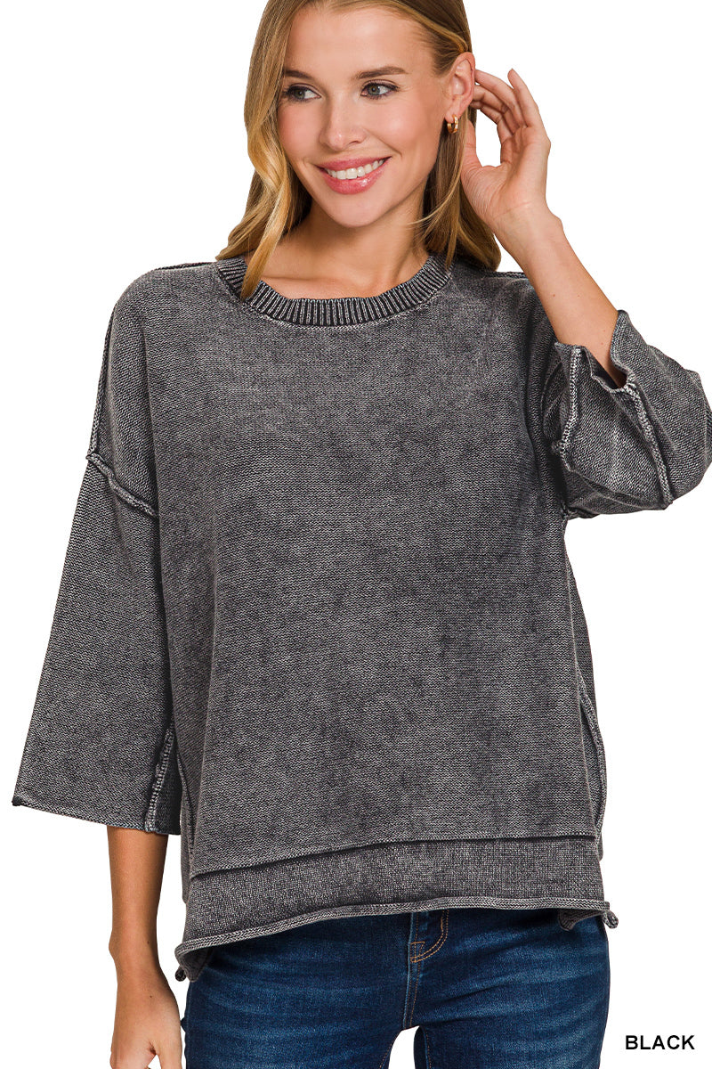 OL Washed 3/4 Sleeve Boxy Sweater