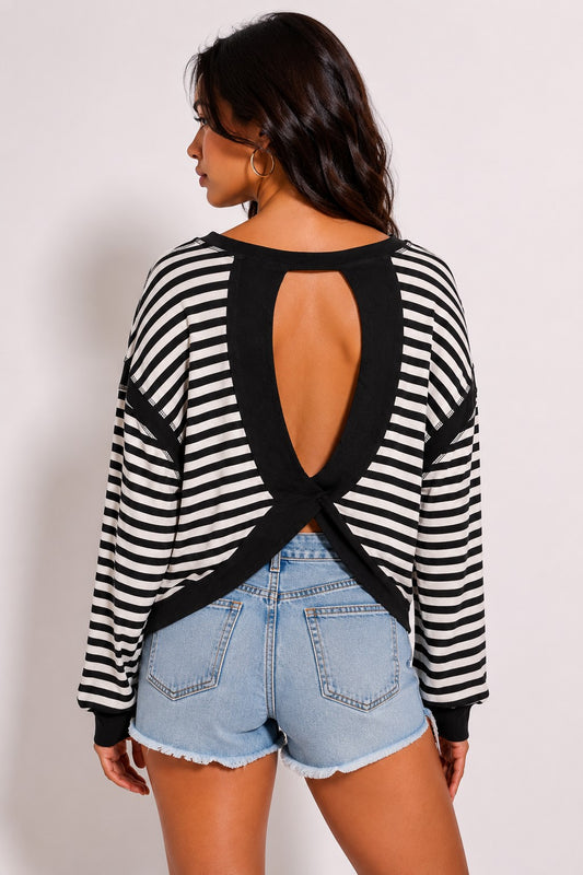 OL Long Sleeve Striped Open Back Top