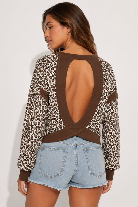 OL Long Sleeve Animal Print Open Back Top