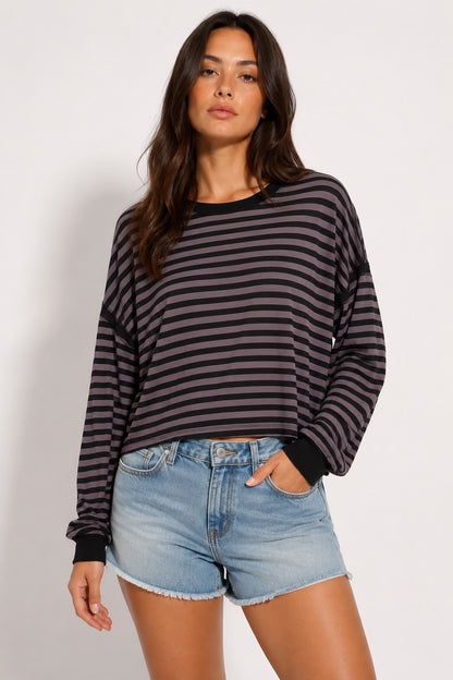 OL Long Sleeve Striped Open Back Top