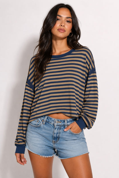 OL Long Sleeve Striped Open Back Top