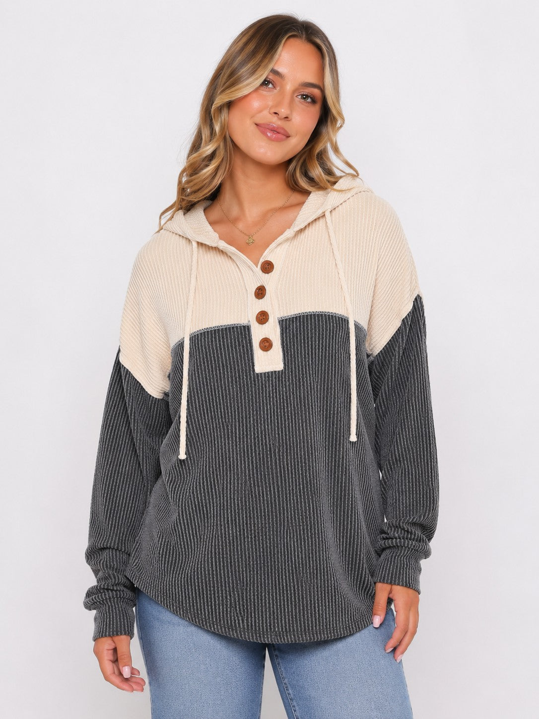 Ribbed Button Hoodie