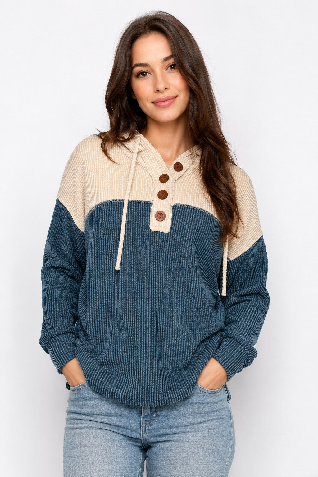 Ribbed Button Hoodie